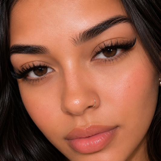 Model wearing Papillon de Nuit cat-eye strip lashes by Yalordé Lashes